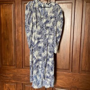 Express Blue Abstract Draped Long Sleeve V-neck Midi Dress Size S